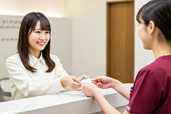 受付で支払いをする女性